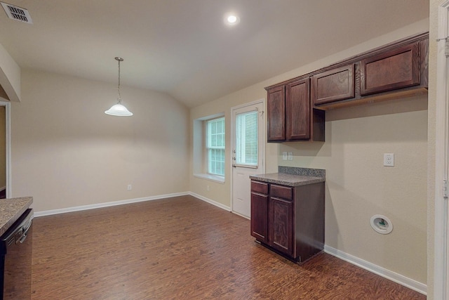 4861 Nuevo Laredo Ct, Dallas, TX 75236 - kitchen with vaulted ceiling, dark wood-style flooring, dark brown cabinetry, dark countertops, and baseboards