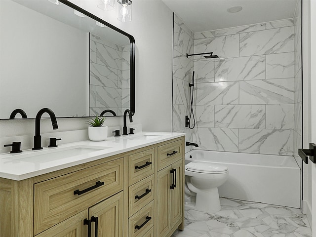 737 Finland St, Grand Prairie, TX 75050 - full bath featuring marble look tile flooring, double vanity, toilet, and tub / shower combination