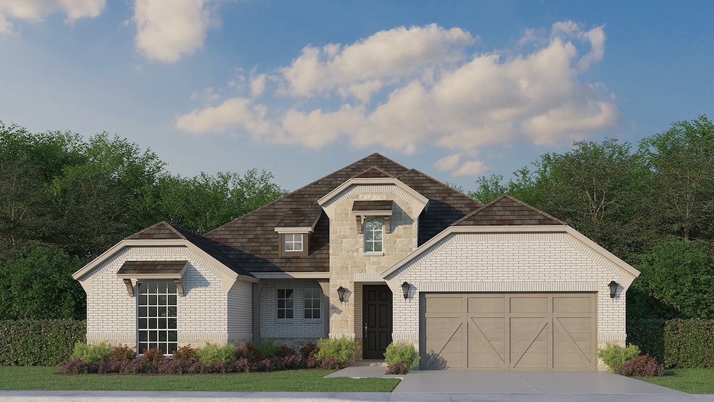 view of front of home featuring brick siding, an attached garage, concrete driveway, and stone siding