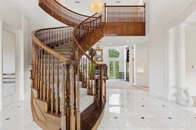 800 John Mccain Rd, Colleyville, TX 76034 - stairway featuring a high ceiling, tile patterned flooring, baseboards, and ornate columns