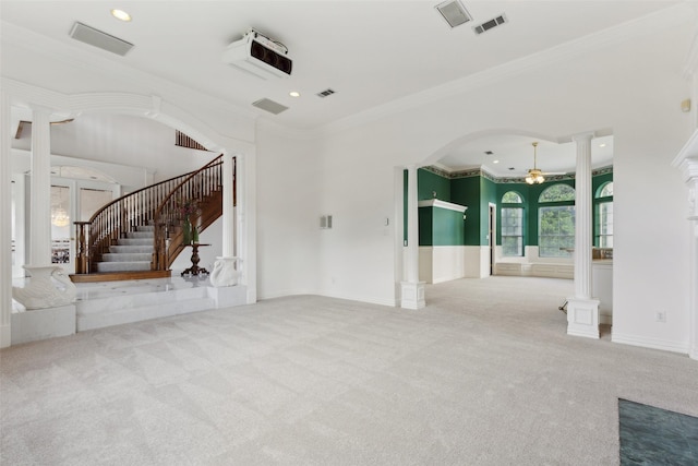 800 John Mccain Rd, Colleyville, TX 76034 - unfurnished living room with decorative columns, carpet, ornamental molding, stairway, and arched walkways
