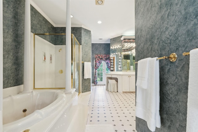 800 John Mccain Rd, Colleyville, TX 76034 - full bath featuring a shower stall, a whirlpool tub, wallpapered walls, crown molding, and tile patterned floors