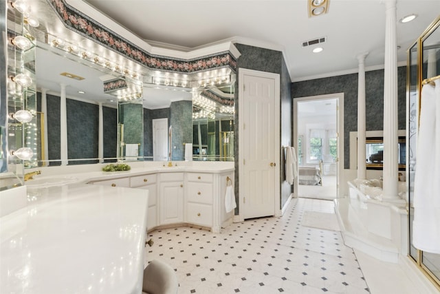 800 John Mccain Rd, Colleyville, TX 76034 - full bathroom featuring ornamental molding, decorative columns, tile patterned floors, vanity, and wallpapered walls