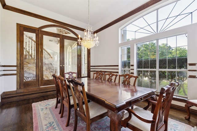 800 John Mccain Rd, Colleyville, TX 76034 - dining area with a chandelier, ornamental molding, wood finished floors, healthy amount of natural light, and french doors
