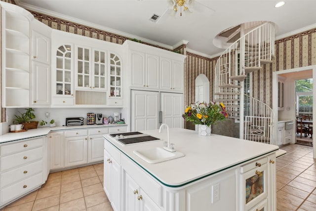 800 John Mccain Rd, Colleyville, TX 76034 - kitchen with a sink, wallpapered walls, light tile patterned flooring, light countertops, and a ceiling fan