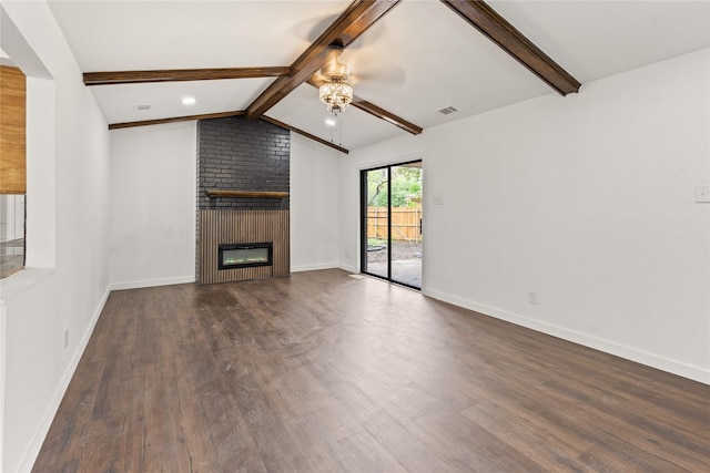 5726 Enchanted Ln, Dallas, TX 75227 - unfurnished living room featuring a ceiling fan, a brick fireplace, dark wood-style floors, and baseboards