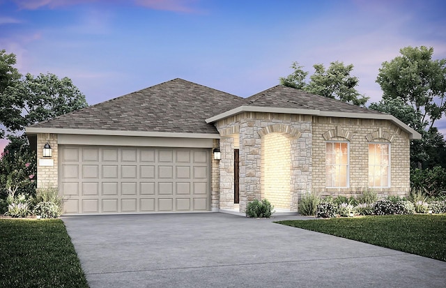 french country style house with driveway, a garage, brick siding, and a shingled roof