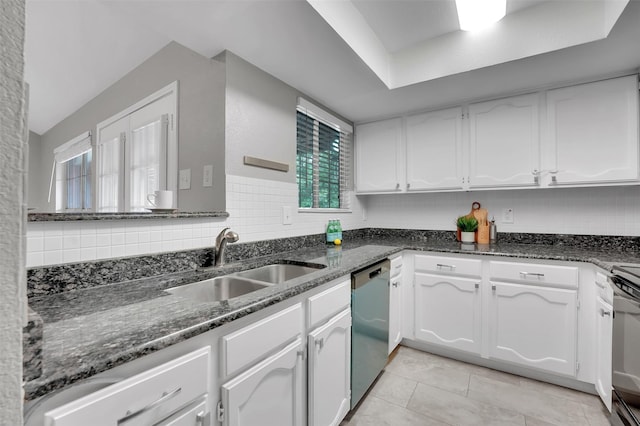 kitchen featuring a sink, stainless steel dishwasher, white cabinetry, and backsplash