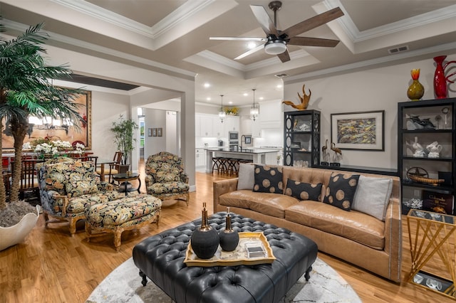 233 Park N Ln, Keller, TX 76248 - living room with ceiling fan, light wood-style flooring, ornamental molding, and coffered ceiling