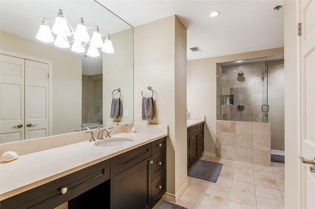 5909 Luther Ln Unit 1700, Dallas, TX 75225 - full bathroom with a stall shower, vanity, baseboards, marble look tiles, and recessed lighting
