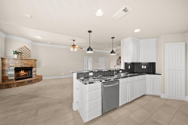 816 Ridgecrest Ct, Aubrey, TX 76227 - kitchen with dishwasher, a sink, a peninsula, open floor plan, and light tile patterned flooring