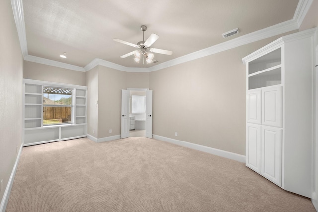 816 Ridgecrest Ct, Aubrey, TX 76227 - unfurnished bedroom with light carpet, ornamental molding, baseboards, and ceiling fan