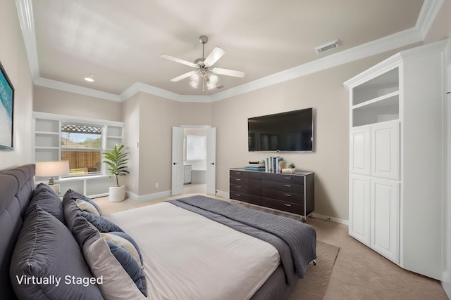 816 Ridgecrest Ct, Aubrey, TX 76227 - bedroom featuring light carpet, ornamental molding, ceiling fan, and baseboards
