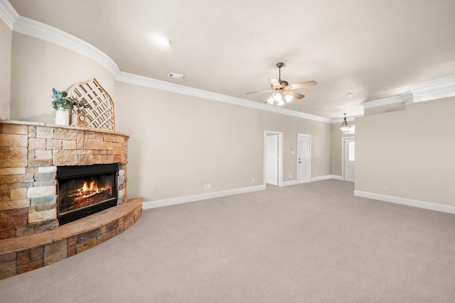 816 Ridgecrest Ct, Aubrey, TX 76227 - unfurnished living room with a fireplace, ornamental molding, baseboards, a ceiling fan, and carpet flooring