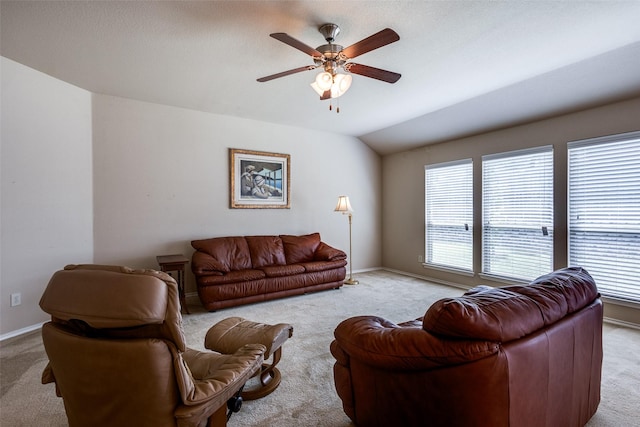 2044 Meadow Park Dr, Princeton, TX 75407 - living room featuring carpet flooring, a ceiling fan, baseboards, and lofted ceiling