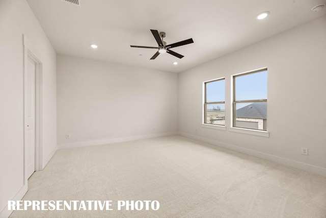 unfurnished bedroom featuring carpet floors, recessed lighting, baseboards, and a ceiling fan