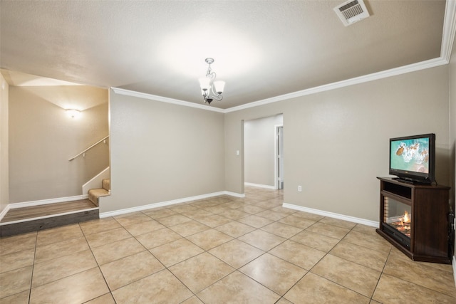 182 Willowcreek Ln, Rockwall, TX 75032 - unfurnished room with stairway, ornamental molding, light tile patterned floors, a chandelier, and baseboards