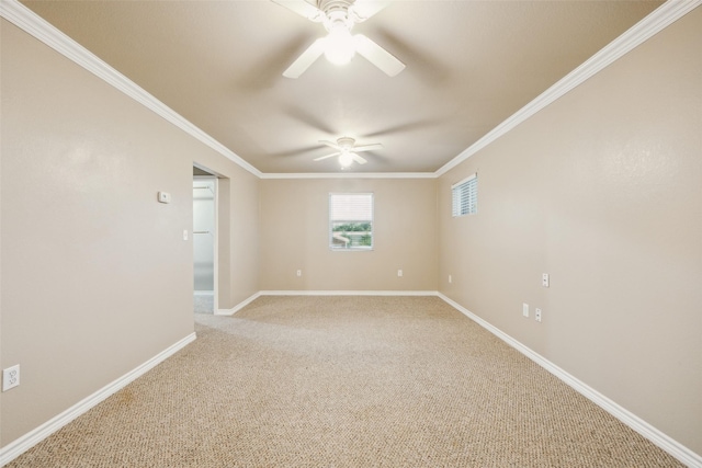 182 Willowcreek Ln, Rockwall, TX 75032 - spare room featuring a ceiling fan, ornamental molding, baseboards, and light colored carpet