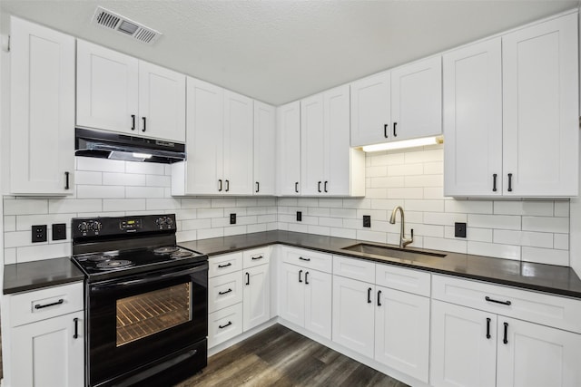 182 Willowcreek Ln, Rockwall, TX 75032 - kitchen with black range with electric stovetop, under cabinet range hood, a sink, and dark countertops