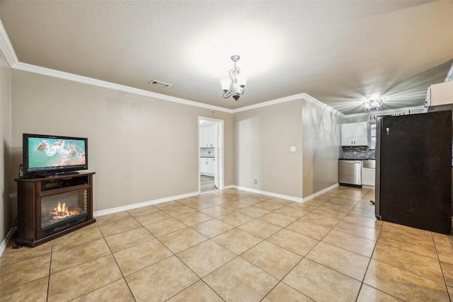 182 Willowcreek Ln, Rockwall, TX 75032 - unfurnished living room featuring crown molding, a chandelier, light tile patterned flooring, and a glass covered fireplace