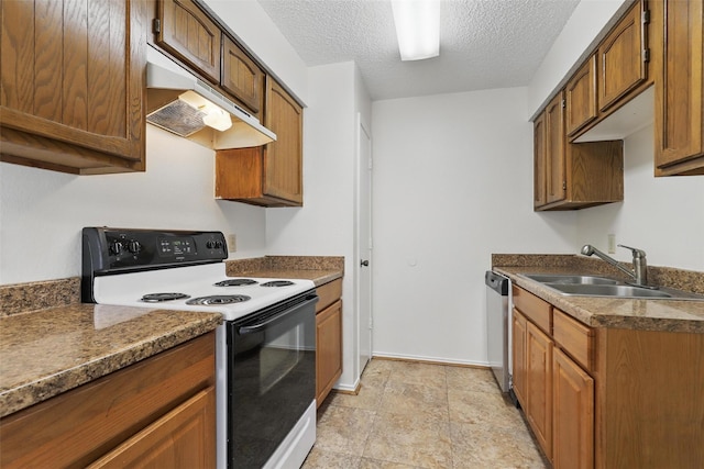 1021 Irene St, Burleson, TX 76028 - kitchen with range with electric stovetop, under cabinet range hood, a sink, a textured ceiling, and dishwasher