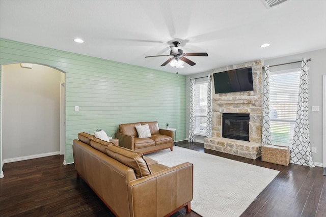 3200 Hawks View Ln, Denton, TX 76208 - living area with a ceiling fan, hardwood / wood-style floors, plenty of natural light, arched walkways, and recessed lighting