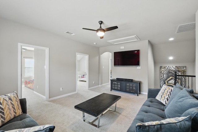 3200 Hawks View Ln, Denton, TX 76208 - living area with attic access, ceiling fan, and light carpet
