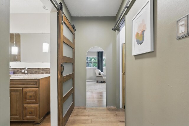 1738 Northaven Ct, Arlington, TX 76012 - corridor with a barn door, light wood-type flooring, a sink, and arched walkways