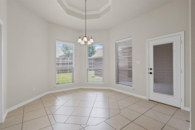 6328 Pinionpark Way, Fort Worth, TX 76179 - unfurnished dining area with light tile patterned floors, a chandelier, a tray ceiling, and baseboards