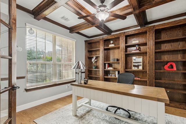 2831 Sheffield Ct, Trophy Club, TX 76262 - office with a ceiling fan, coffered ceiling, beamed ceiling, baseboards, and wood finished floors