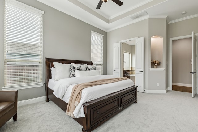 2831 Sheffield Ct, Trophy Club, TX 76262 - bedroom featuring light colored carpet, arched walkways, ornamental molding, baseboards, and connected bathroom