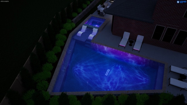 2831 Sheffield Ct, Trophy Club, TX 76262 - pool at night featuring an in-ground hot tub and a patio area