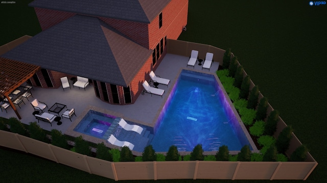 2831 Sheffield Ct, Trophy Club, TX 76262 - pool at night with a fenced backyard, a patio, and an in-ground hot tub