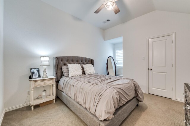 771 Drummond Dr, Prosper, TX 75078 - bedroom featuring light colored carpet, vaulted ceiling, baseboards, and ceiling fan