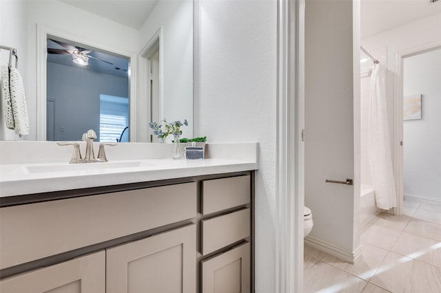 771 Drummond Dr, Prosper, TX 75078 - full bath with toilet, vanity, tile patterned flooring, ceiling fan, and shower / bathtub combination with curtain