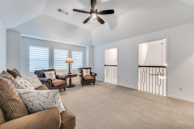 771 Drummond Dr, Prosper, TX 75078 - sitting room featuring a ceiling fan, carpet floors, vaulted ceiling, and baseboards