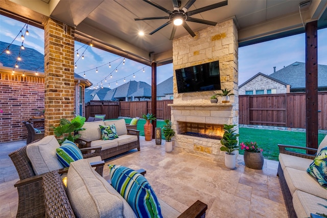 771 Drummond Dr, Prosper, TX 75078 - view of patio / terrace with an outdoor living space with a fireplace, a fenced backyard, and ceiling fan