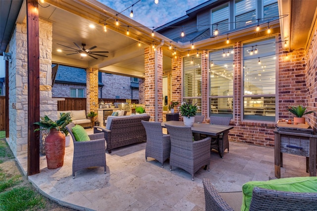 771 Drummond Dr, Prosper, TX 75078 - view of patio / terrace featuring outdoor lounge area, outdoor dining area, a ceiling fan, and fence