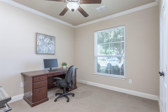348 Terra Verde Ln, Mckinney, TX 75069 - office area with crown molding, baseboards, light colored carpet, and a ceiling fan