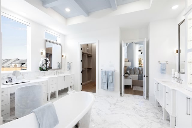 2300 Sorrelwood Ct, Celina, TX 75009 - full bath featuring a freestanding bath, beamed ceiling, vanity, ensuite bathroom, and recessed lighting