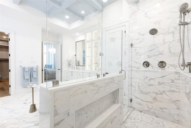 2300 Sorrelwood Ct, Celina, TX 75009 - full bathroom with ensuite bathroom, a marble finish shower, coffered ceiling, beamed ceiling, and recessed lighting