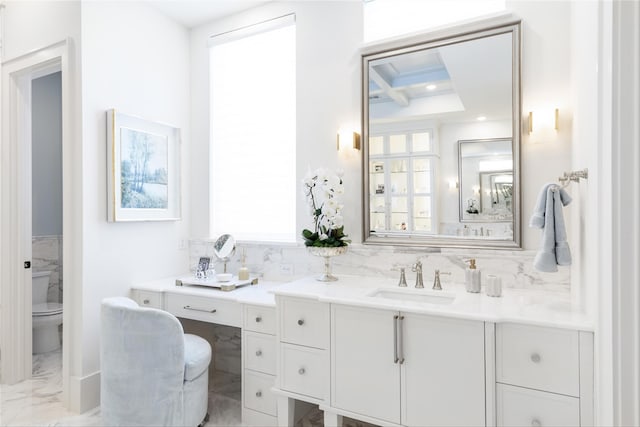 2300 Sorrelwood Ct, Celina, TX 75009 - bathroom featuring marble look tiles, vanity, coffered ceiling, and toilet