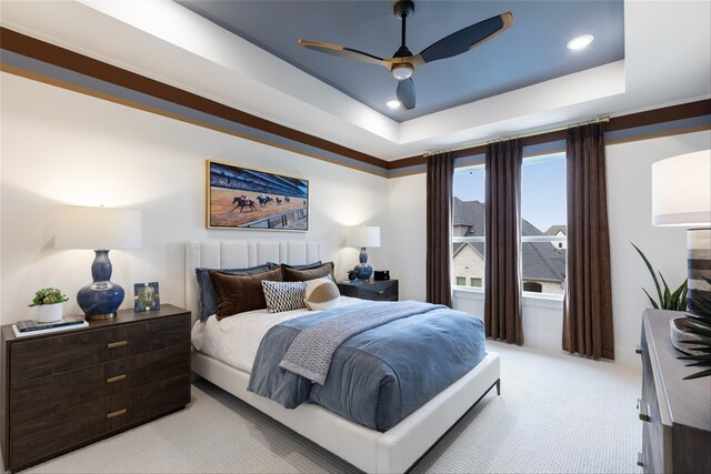 2300 Sorrelwood Ct, Celina, TX 75009 - bedroom featuring light carpet, a raised ceiling, recessed lighting, and ceiling fan