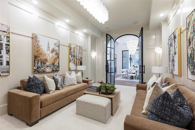2300 Sorrelwood Ct, Celina, TX 75009 - carpeted living room featuring recessed lighting and a chandelier