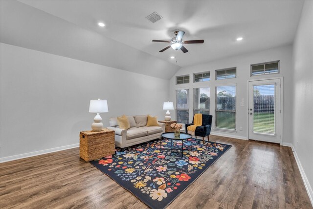 living room featuring a ceiling fan, wood finished floors, baseboards, recessed lighting, and lofted ceiling