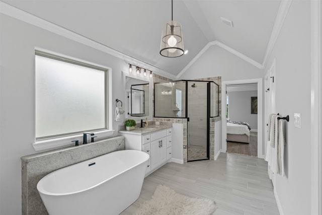 11612 Panther Dr, Godley, TX 76044 - bathroom featuring a stall shower, vanity, a freestanding bath, crown molding, and vaulted ceiling