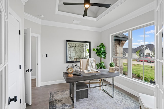 11612 Panther Dr, Godley, TX 76044 - home office with a raised ceiling, baseboards, wood finished floors, ceiling fan, and ornamental molding