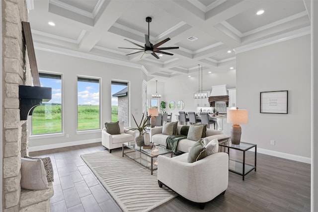 11612 Panther Dr, Godley, TX 76044 - living room with a ceiling fan, baseboards, beamed ceiling, coffered ceiling, and wood tiled floors