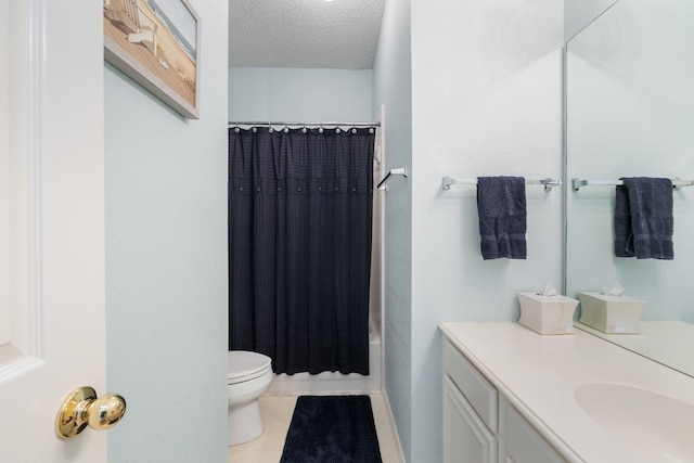 full bathroom featuring toilet, vanity, a textured ceiling, tile patterned floors, and shower / bath combo