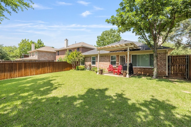 back of house featuring a pergola, brick siding, and a patio area